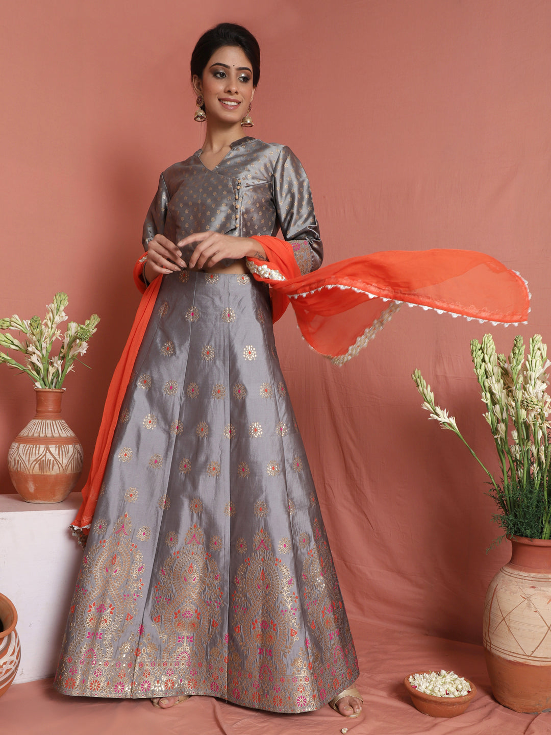 Grey Gold Brocade Zari Work Lehenga Choli With Orange Dupatta - Lcouture  Designs